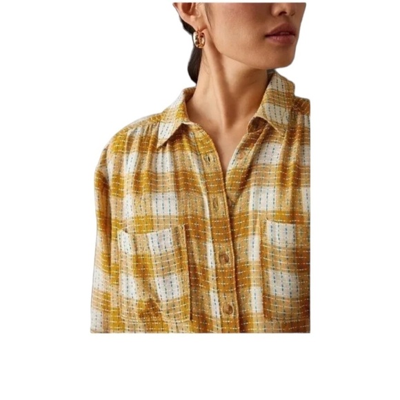 PILCRO Oversized Button Down Shirt in Yellow Plaid Size XS - Picture 2 of 9